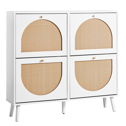2 rows of 4 dump buckets with high feet round rattan shoe cabinet particle board + plastic rattan 105*24*98cm white frame + original wood rattan surface + gold high feet