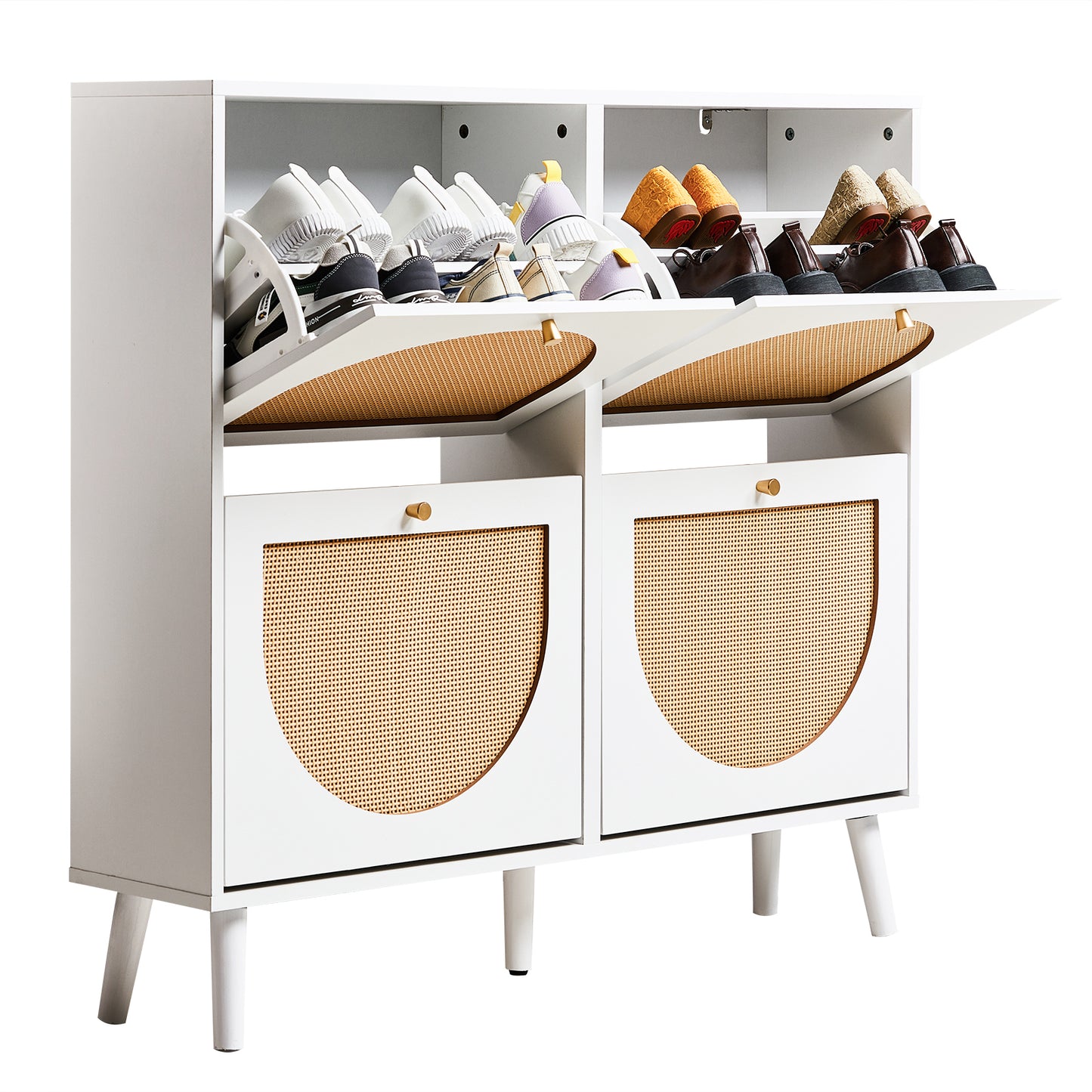 2 rows of 4 dump buckets with high feet round rattan shoe cabinet particle board + plastic rattan 105*24*98cm white frame + original wood rattan surface + gold high feet
