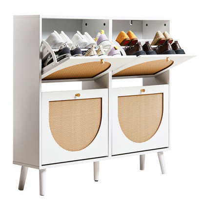2 rows of 4 dump buckets with high feet round rattan shoe cabinet particle board + plastic rattan 105*24*98cm white frame + original wood rattan surface + gold high feet