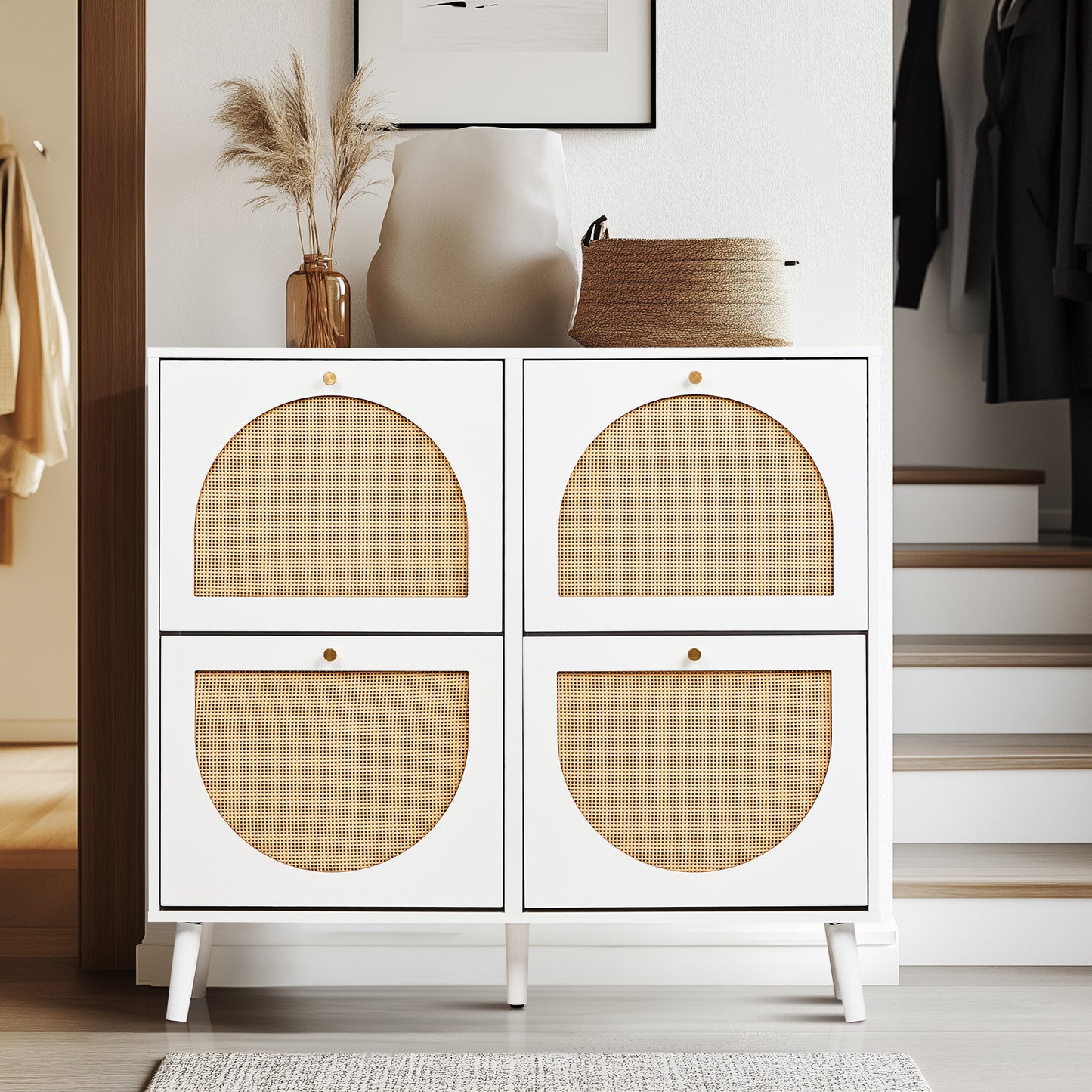 2 rows of 4 dump buckets with high feet round rattan shoe cabinet particle board + plastic rattan 105*24*98cm white frame + original wood rattan surface + gold high feet