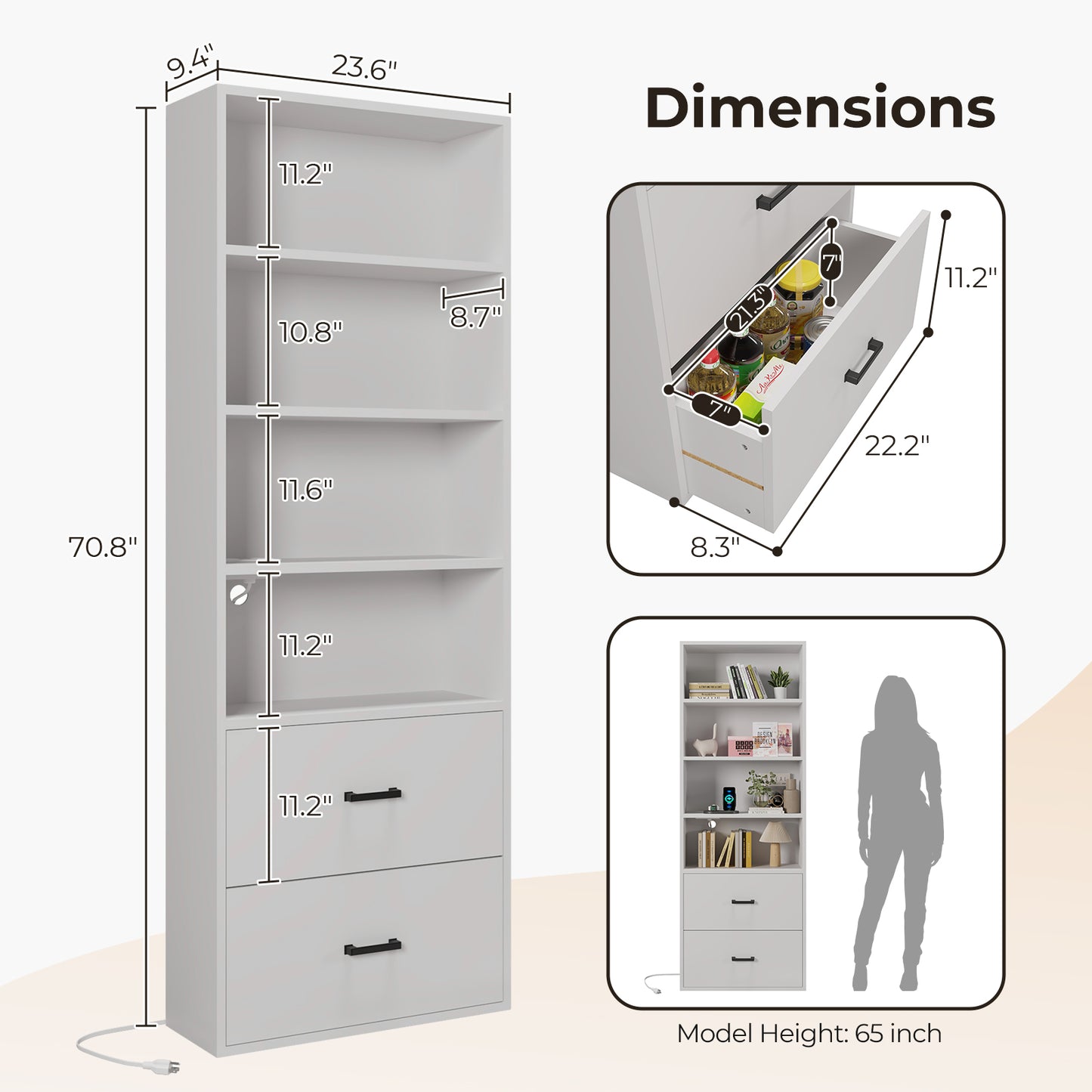4 layers with 2 USB 2 plugs and sockets 2 drawers Triamine board 60*23.5*180cm display cabinet white