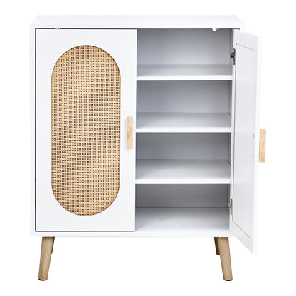 2-door vertical shoe cabinet particle board + plastic rattan white frame + original wood rattan surface + gold high feet