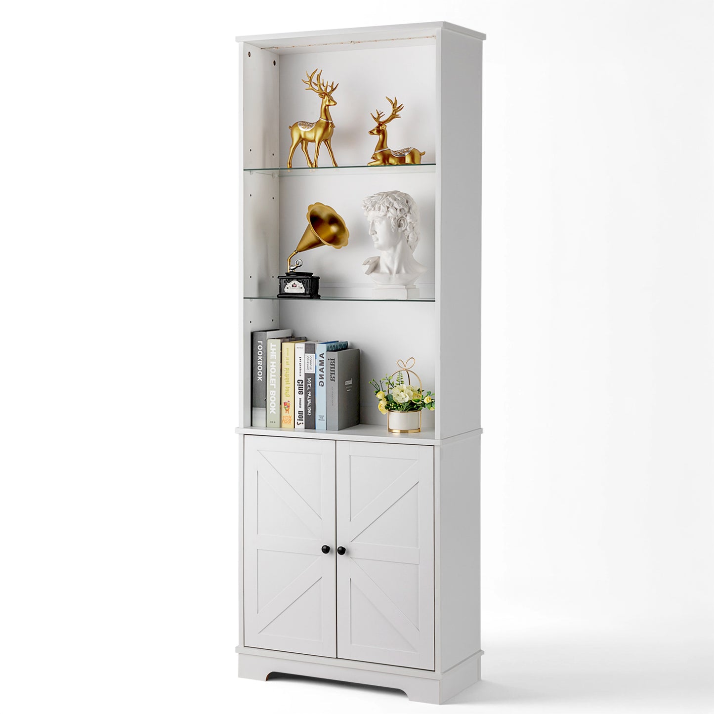 3-layer glass shelf with 2 doors double Z shape LED light strip front curved base feet triammine board 60*23.5*180cm display cabinet white