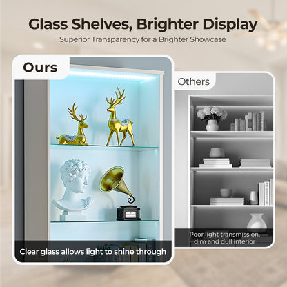 3-layer glass shelf with 2 doors double Z shape LED light strip front curved base feet triammine board 60*23.5*180cm display cabinet white
