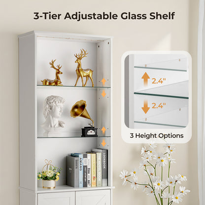 3-layer glass shelf with 2 doors double Z shape LED light strip front curved base feet triammine board 60*23.5*180cm display cabinet white