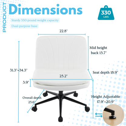 Criss Cross Chair with Wheels & pegs,Dual-Base Wide Armless Comfy Desk Chair Cross Legged,Adjustable Swivel Modern Vanity Chair,Computer Rolling Chair for Home Office,Makeup,Waxed PU,White