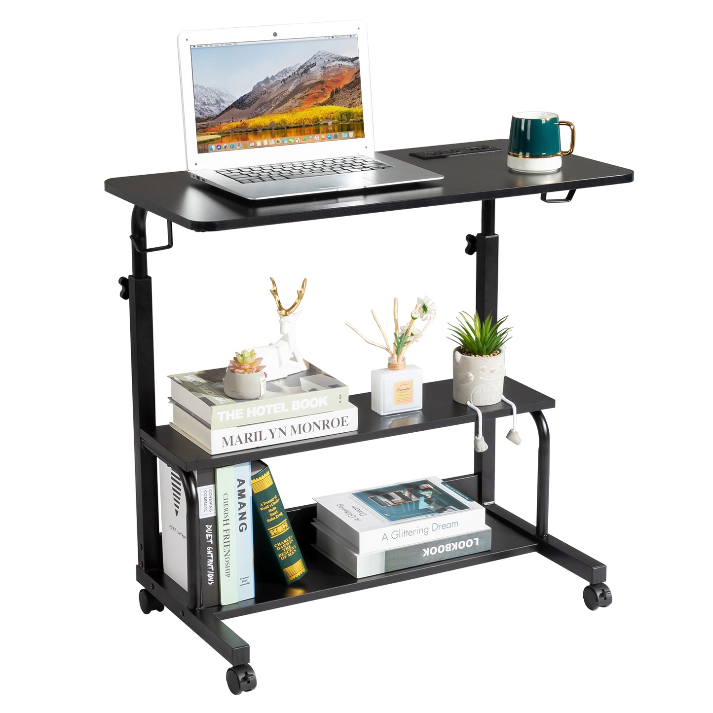 Black Wood Grain P2 15MM Particle Board with Melamine Coating Adjustable Computer Desk with 3 USB + 2 AC Outlets