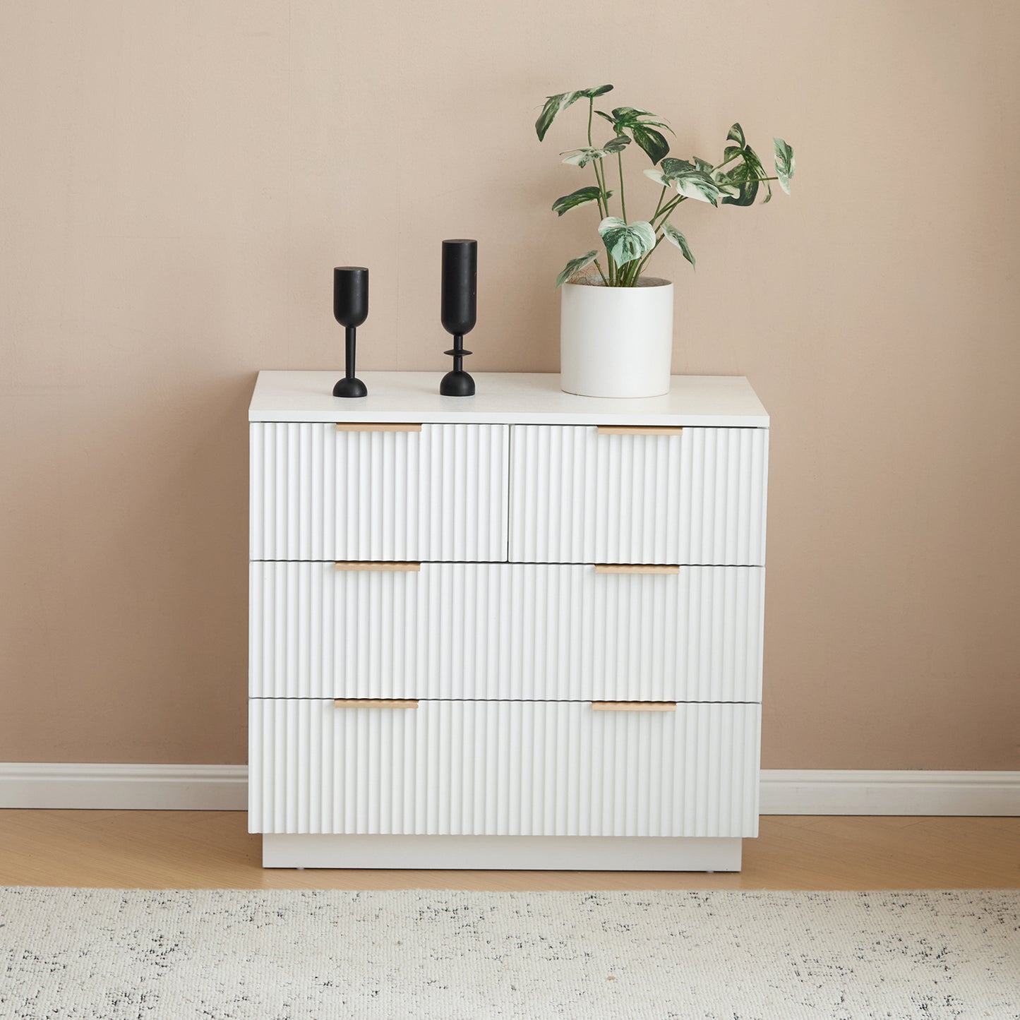 White P2 Particle Board and Density Board Wavy Pattern Drawer Front Three-Level Four-Drawer Bedside Cabinet