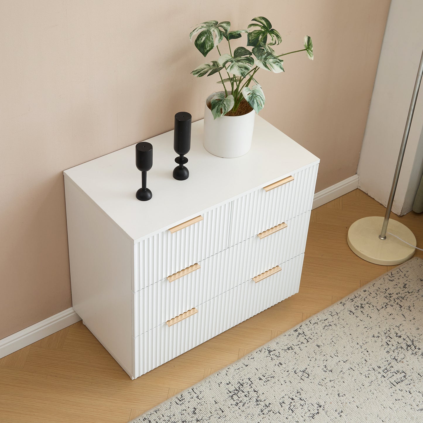 White P2 Particle Board and Density Board Wavy Pattern Drawer Front Three-Level Four-Drawer Bedside Cabinet