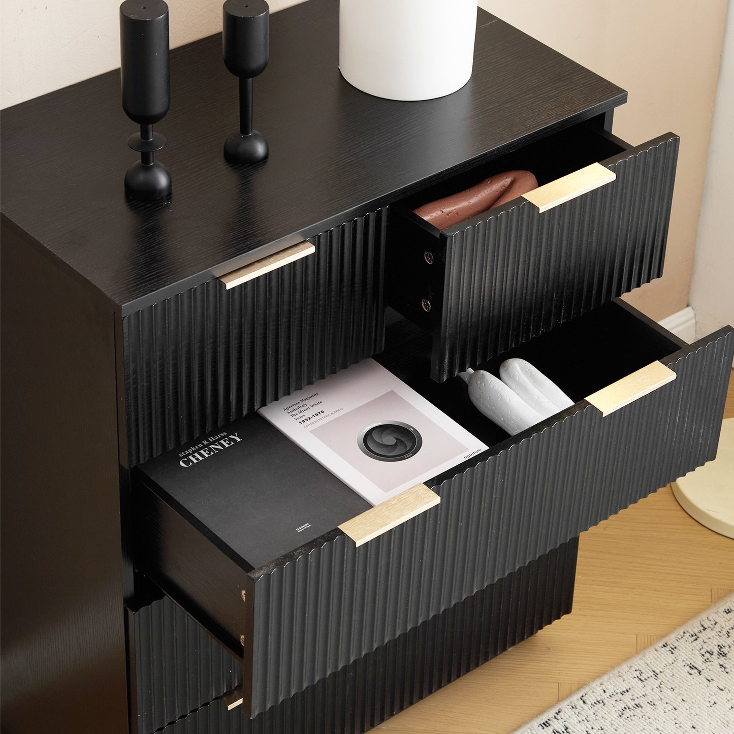 Black P2 Particle Board and Density Board 724194cm Wavy Pattern Drawer Front Four-Level Five-Drawer Cabinet