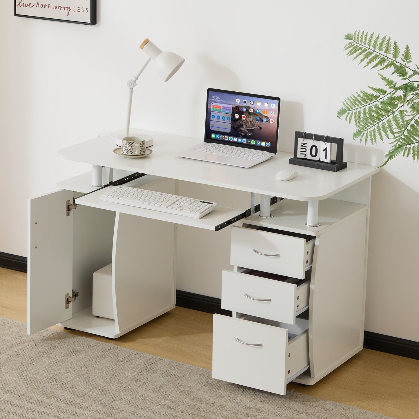 Embossed White Particle Board with Melamine Laminate 1155574cm One-Door Three-Drawer Computer Desk