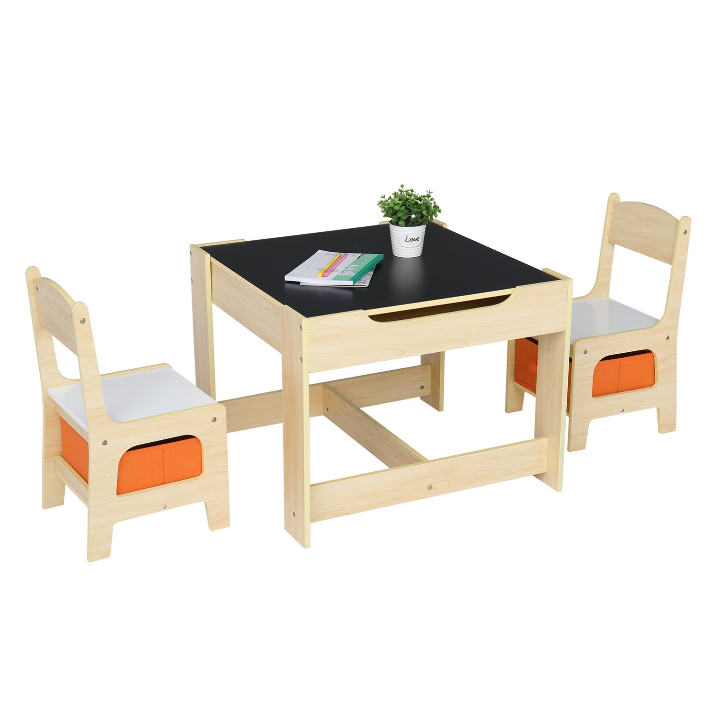 Children's Wooden Table And Chair Set With Two Storage Bags (One Table And Two Chairs)