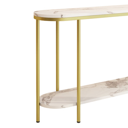 【Old Code：22504192】Console Table 2 Tier Narrow Entryway Table with Storage Shelves Faux Marble Narrow Table for Living Bedroom Hallway Office Easy Assembly, Gold & White