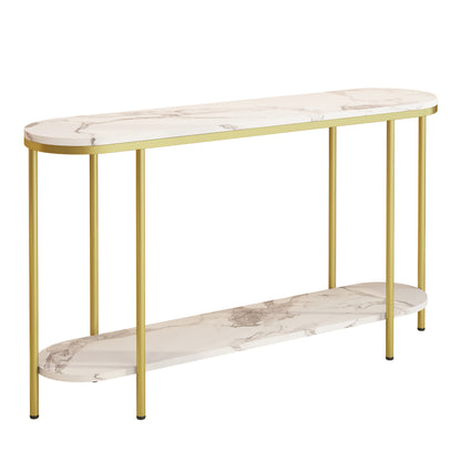 【Old Code：22504192】Console Table 2 Tier Narrow Entryway Table with Storage Shelves Faux Marble Narrow Table for Living Bedroom Hallway Office Easy Assembly, Gold & White