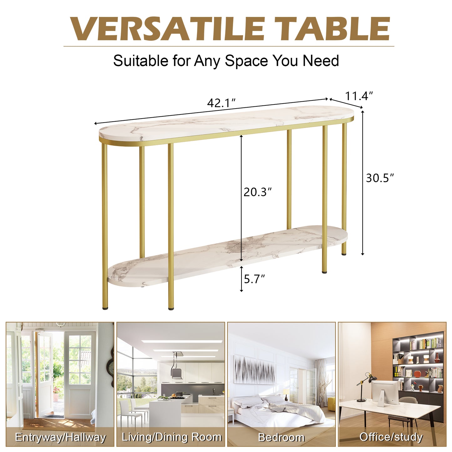 【Old Code：22504192】Console Table 2 Tier Narrow Entryway Table with Storage Shelves Faux Marble Narrow Table for Living Bedroom Hallway Office Easy Assembly, Gold & White