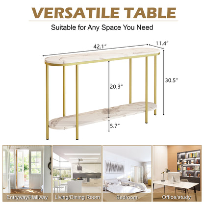 【Old Code：22504192】Console Table 2 Tier Narrow Entryway Table with Storage Shelves Faux Marble Narrow Table for Living Bedroom Hallway Office Easy Assembly, Gold & White