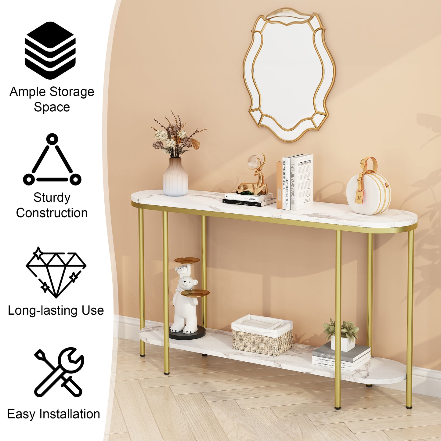 【Old Code：22504192】Console Table 2 Tier Narrow Entryway Table with Storage Shelves Faux Marble Narrow Table for Living Bedroom Hallway Office Easy Assembly, Gold & White
