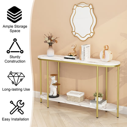 【Old Code：22504192】Console Table 2 Tier Narrow Entryway Table with Storage Shelves Faux Marble Narrow Table for Living Bedroom Hallway Office Easy Assembly, Gold & White