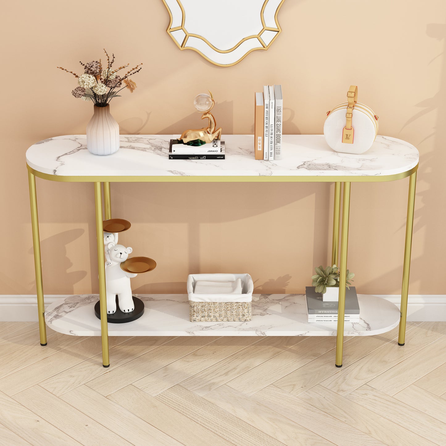 【Old Code：22504192】Console Table 2 Tier Narrow Entryway Table with Storage Shelves Faux Marble Narrow Table for Living Bedroom Hallway Office Easy Assembly, Gold & White