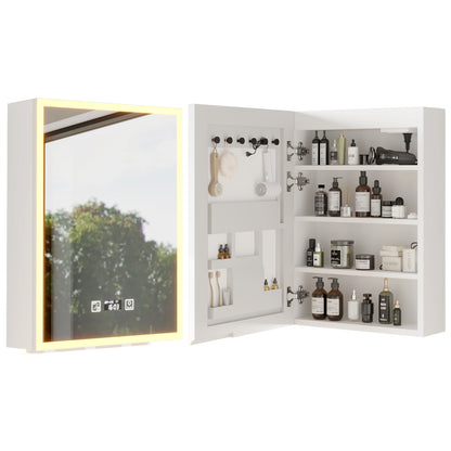 White Particleboard LED Mirror Cabinet (20*28 inches), Acrylic Frame, 1 Door, 4 Shelves, with Time & Temperature Display, Three-color Lighting, Adjustable Brightness, Power-off Memory, 2 Plugs & 2