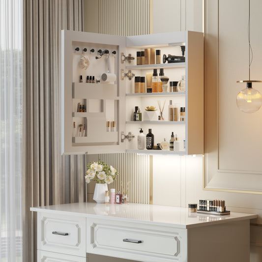 White Particleboard LED Mirror Cabinet (20*28 inches), Acrylic Frame, 1 Door, 4 Shelves, with Time & Temperature Display, Three-color Lighting, Adjustable Brightness, Power-off Memory, 2 Plugs & 2