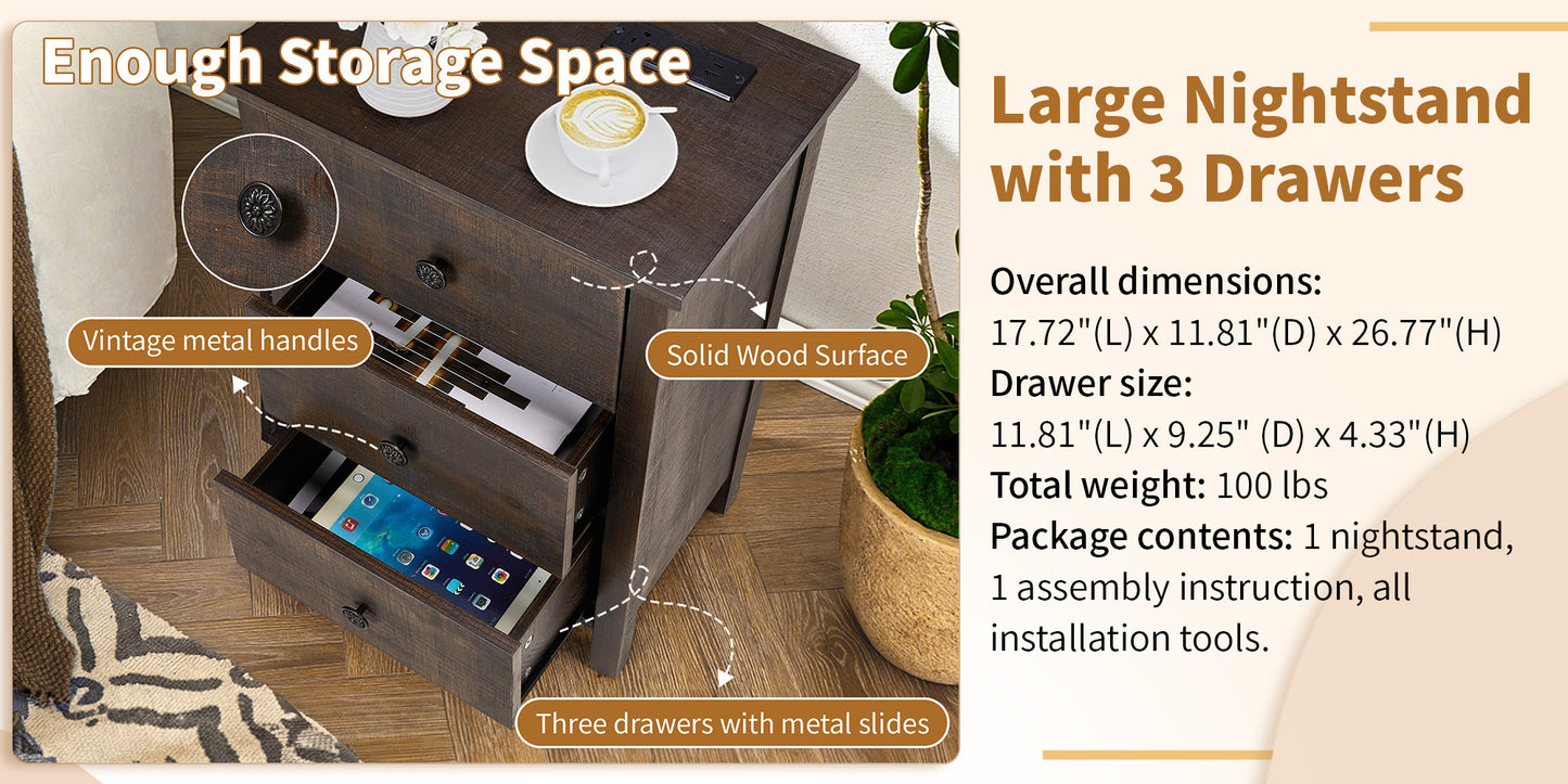 Brown MDF with solid wood veneer 66*45*68cm three-drawer bedside table
