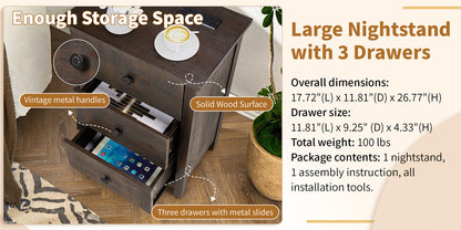 Brown MDF with solid wood veneer 66*45*68cm three-drawer bedside table