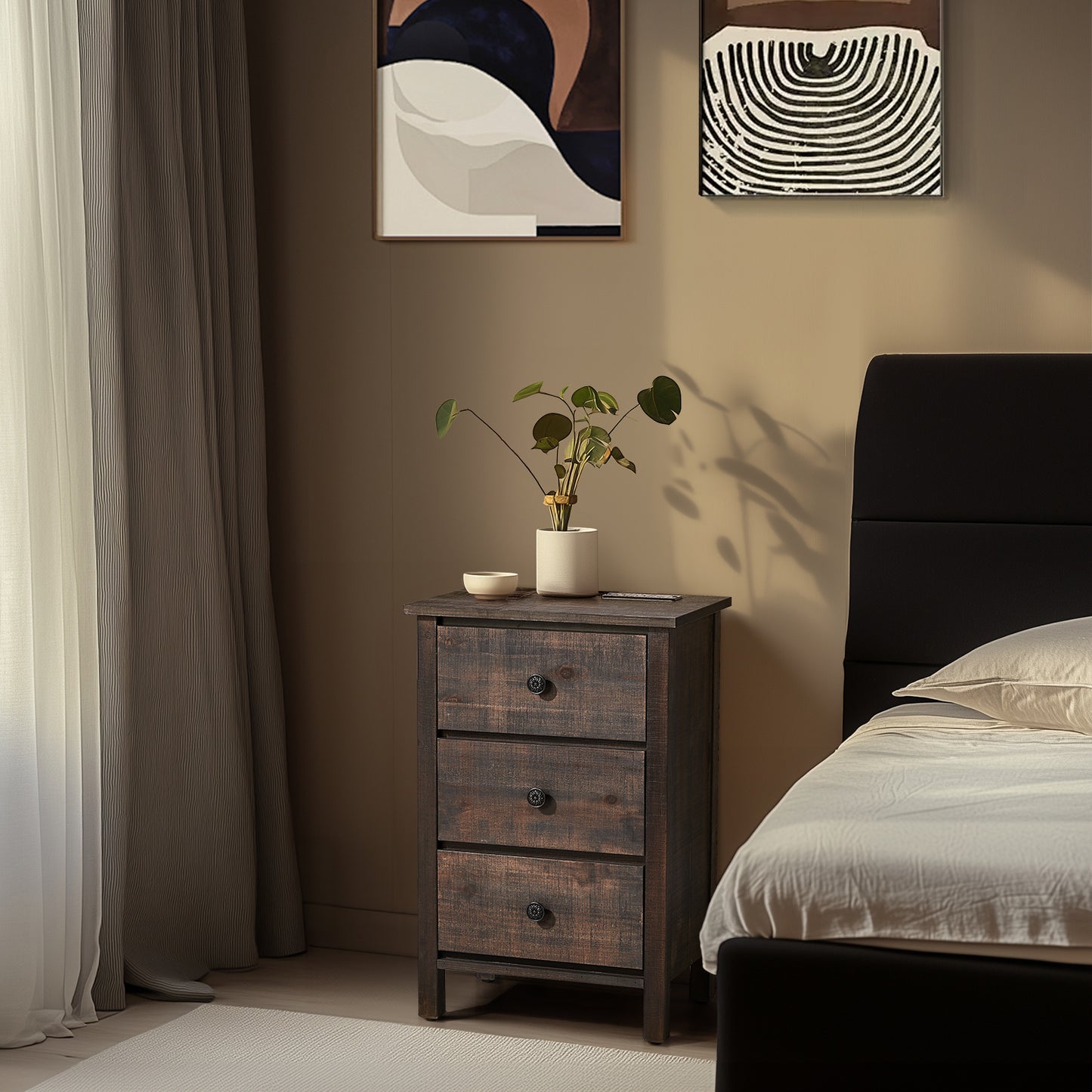 Brown MDF with solid wood veneer 66*45*68cm three-drawer bedside table