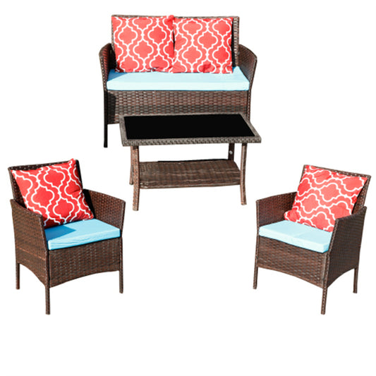 4-piece outdoor rattan sofa with cushion brown