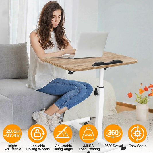 Mobile Standing Desk, Height Adjustable Rolling Laptop Table, 90 Tiltable Overbed Bedside Table, Portable Computer Cart with Wheels, Foldable for Home Office, Wooden