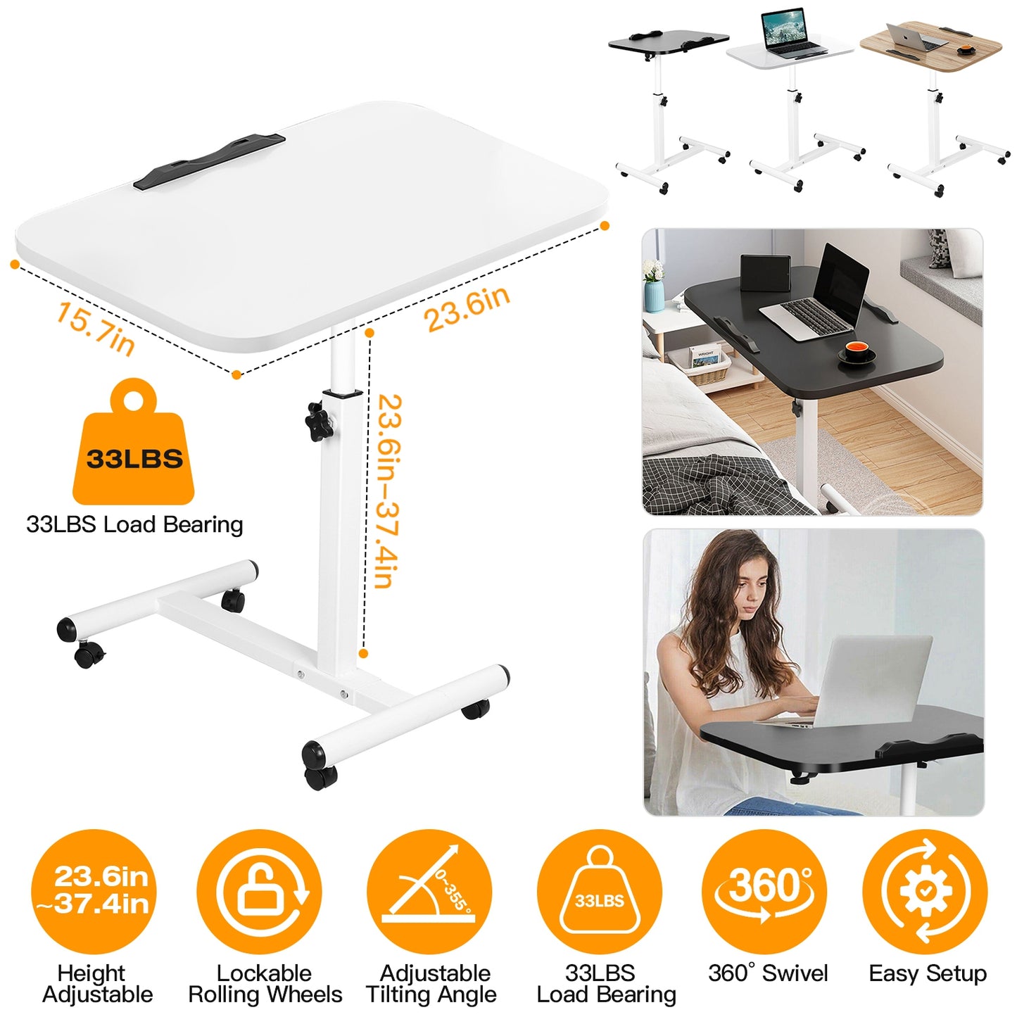 Mobile Standing Desk, Height Adjustable Rolling Laptop Table, 90 Tiltable Overbed Bedside Table, Portable Computer Cart with Wheels, Foldable for Home Office, White