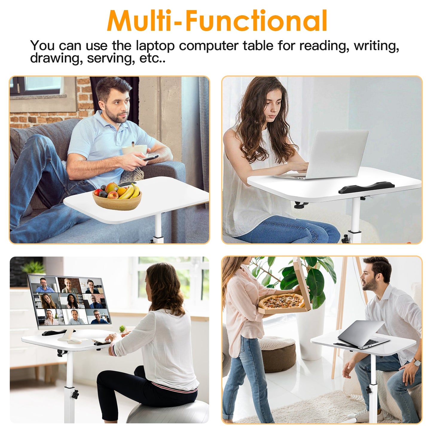 Mobile Standing Desk, Height Adjustable Rolling Laptop Table, 90 Tiltable Overbed Bedside Table, Portable Computer Cart with Wheels, Foldable for Home Office, White
