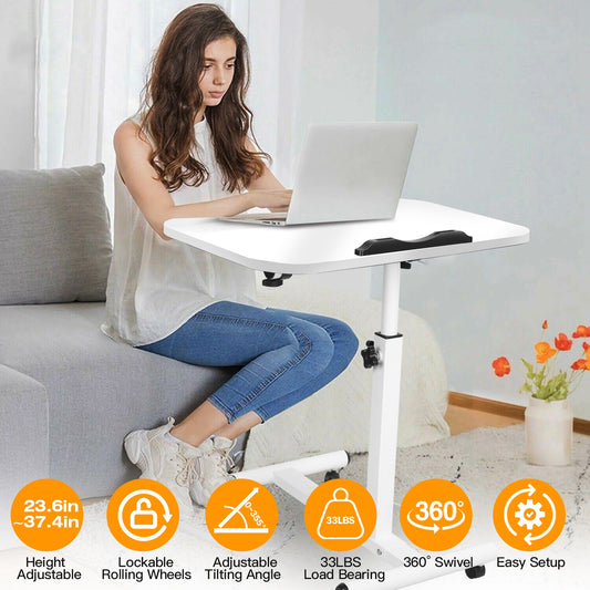 Mobile Standing Desk, Height Adjustable Rolling Laptop Table, 90 Tiltable Overbed Bedside Table, Portable Computer Cart with Wheels, Foldable for Home Office, White