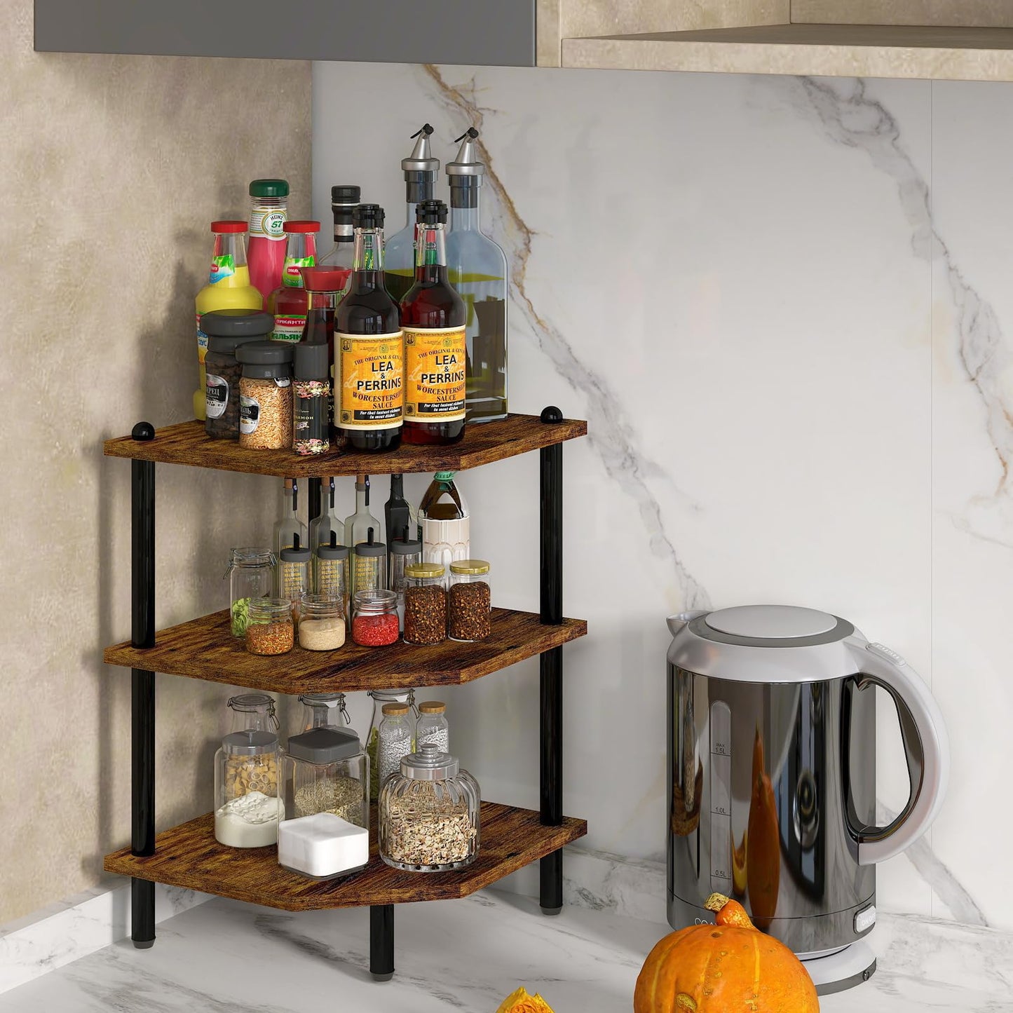Desktop Corner Stand Shelf for Storage,3 Tier Corner Shelf Organizer,Rustic Brown Rack for Small Spaces,Home Office,Kitchen,Bathroom