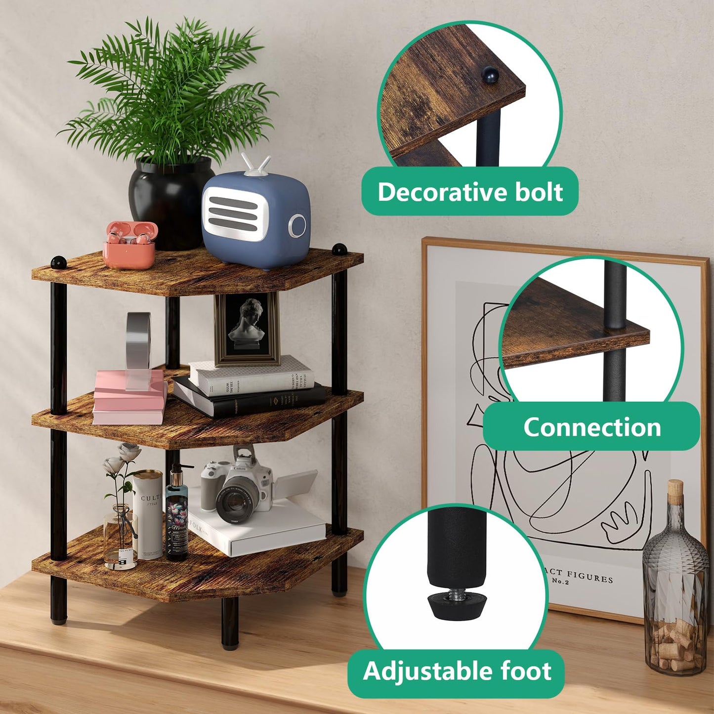 Desktop Corner Stand Shelf for Storage,3 Tier Corner Shelf Organizer,Rustic Brown Rack for Small Spaces,Home Office,Kitchen,Bathroom