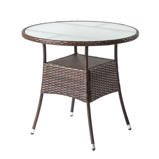 31.5" Patio Table for 4-Person, Outdoor Patio Wicker Round Dining Table, All-Weather Rattan Bistro Dining Table w/Glass Tabletop for Backyard Deck Porch Poolside, Brown