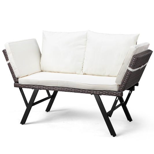 Outdoor Sofa, Woven Rattan Patio Furniture, Convertible Daybed or Double Chair with Adjustable Armrests, Cushions and Pillows for Yard Porch Pool, Gray Lounger & Beige Cushion