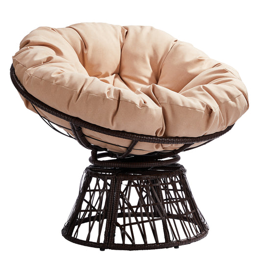 38" Ergonomic Swivel Wicker Papasan Chair with Thick Tufted Cushions, 360 Degree Rotatable Chairs for Living Room Bedroom Reading Room, Beige Cushion