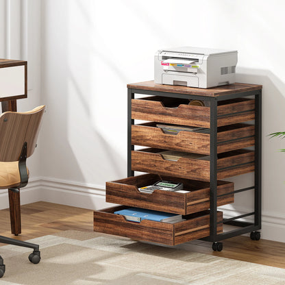 MonoWood 5-Drawer File Cabinet, Wood Mobile Storage Drawer Unit, Industrial Office Cabinet with Drawers & Wheels