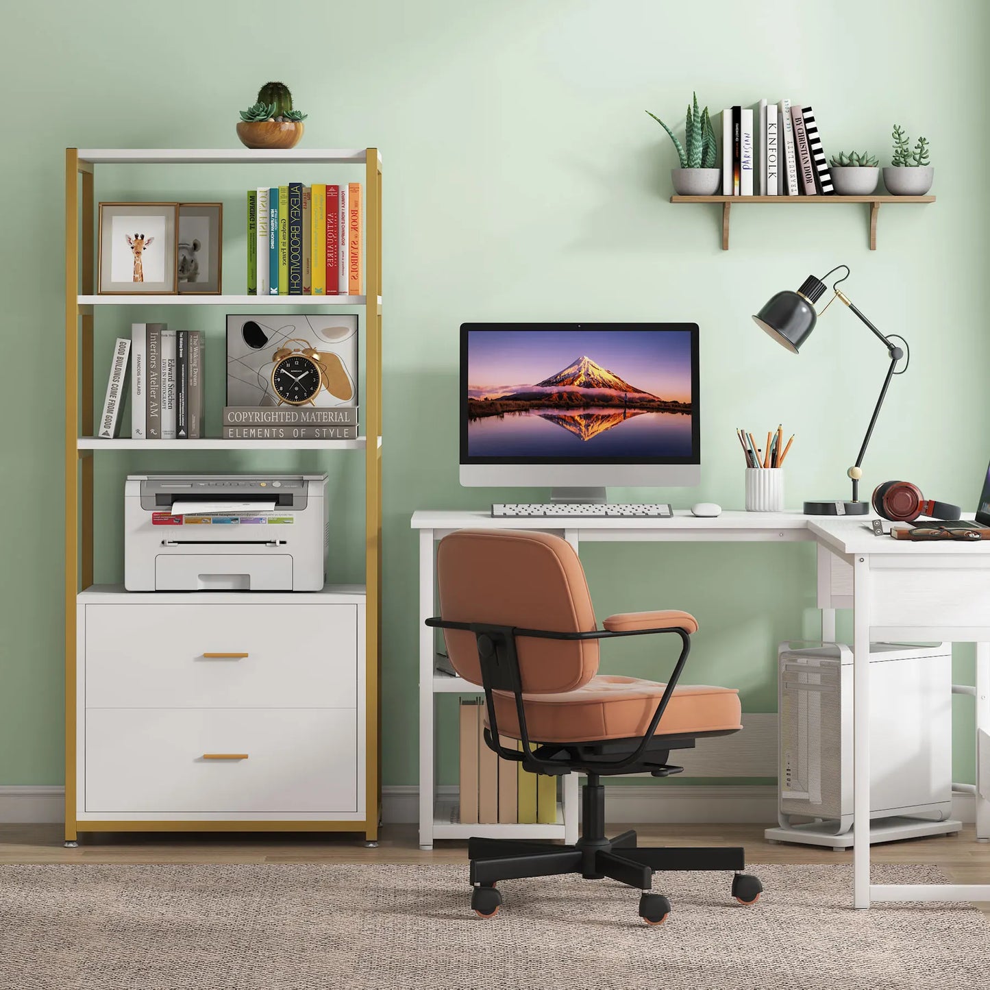 MonoWood Bookcase, 4-Tier Bookshelf with 2 Drawers, Etagere Standard Book Shelves Display Shelf for Home Office (Gold/White)