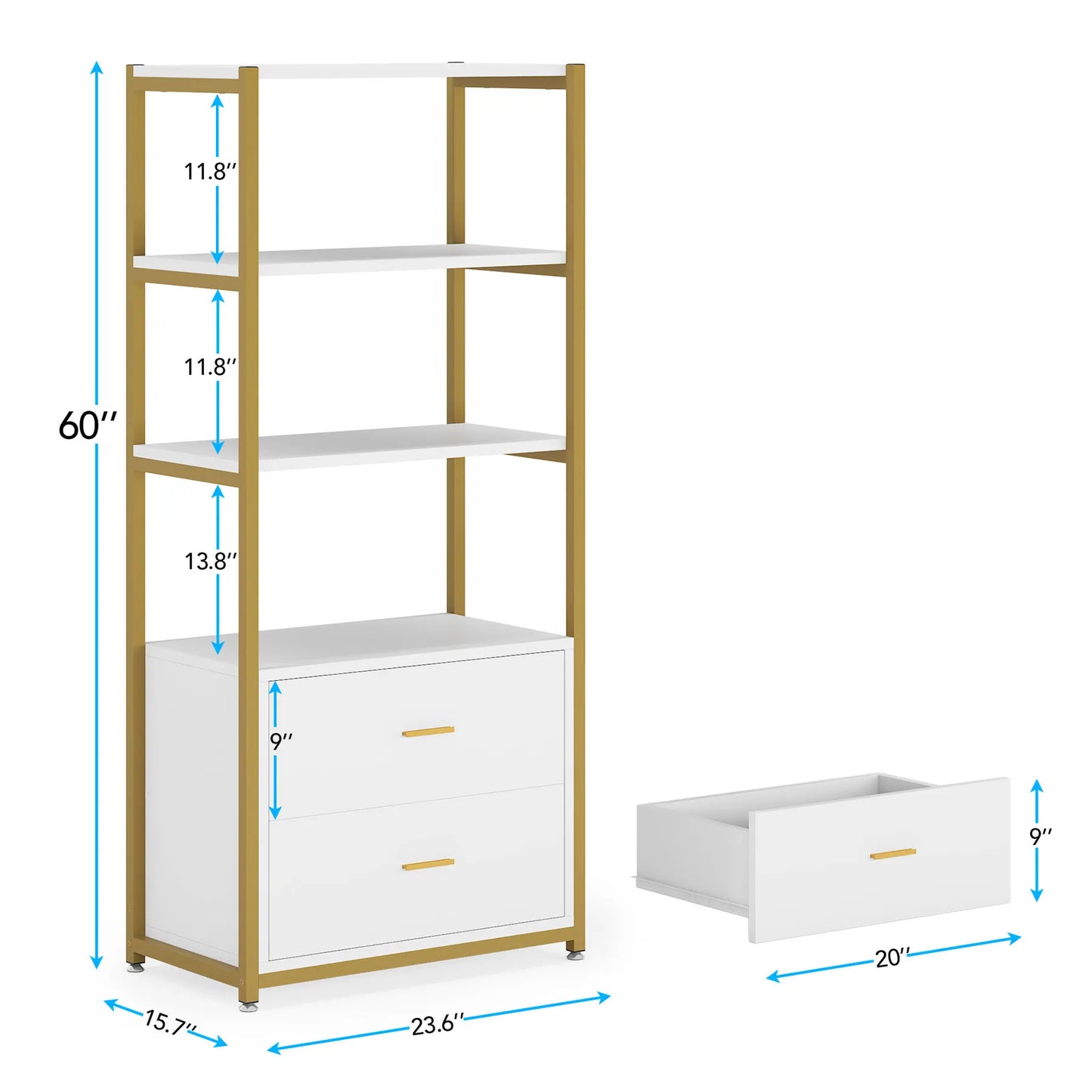 MonoWood Bookcase, 4-Tier Bookshelf with 2 Drawers, Etagere Standard Book Shelves Display Shelf for Home Office (Gold/White)