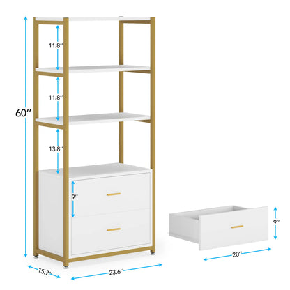 MonoWood Bookcase, 4-Tier Bookshelf with 2 Drawers, Etagere Standard Book Shelves Display Shelf for Home Office (Gold/White)