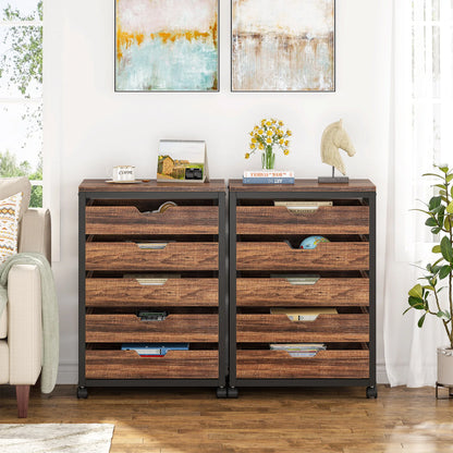 MonoWood 5-Drawer File Cabinet, Wood Mobile Storage Drawer Unit, Industrial Office Cabinet with Drawers & Wheels