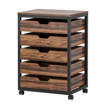 MonoWood 5-Drawer File Cabinet, Wood Mobile Storage Drawer Unit, Industrial Office Cabinet with Drawers & Wheels