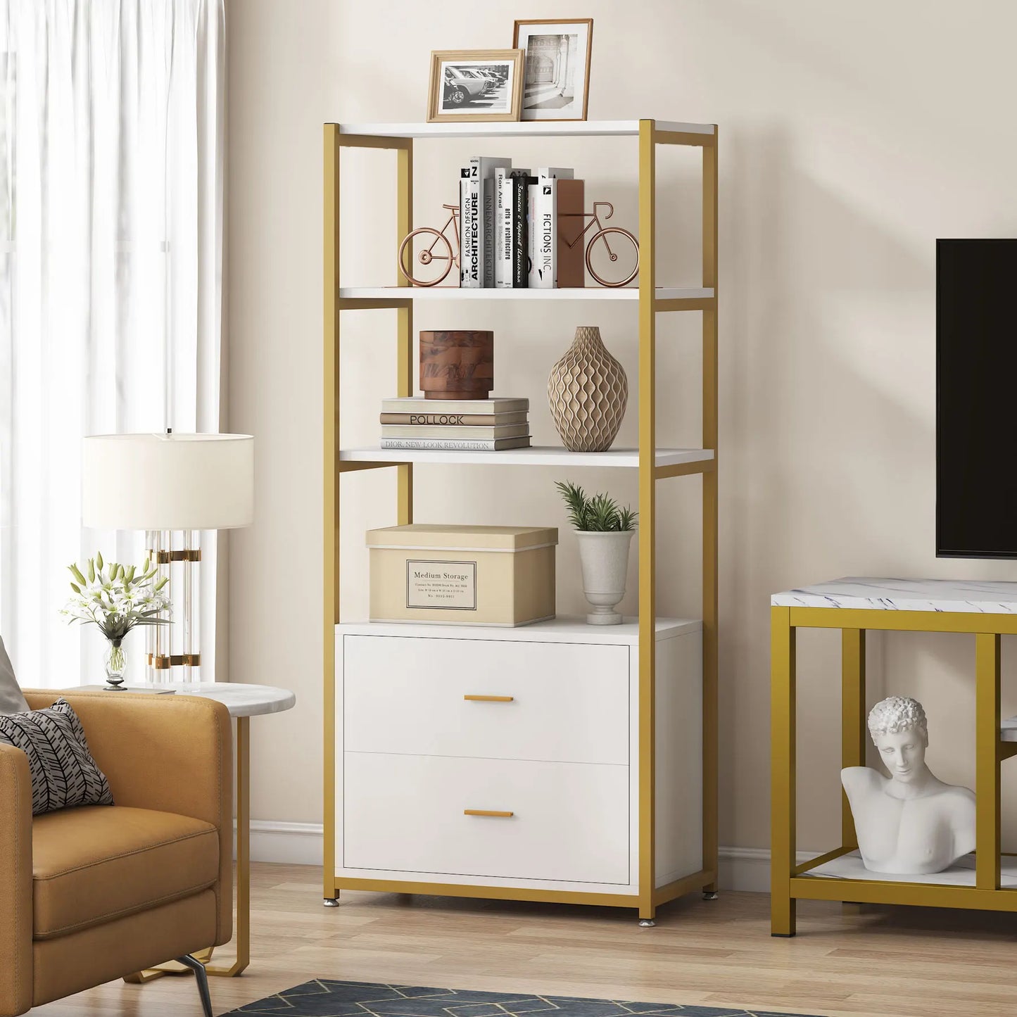 MonoWood Bookcase, 4-Tier Bookshelf with 2 Drawers, Etagere Standard Book Shelves Display Shelf for Home Office (Gold/White)