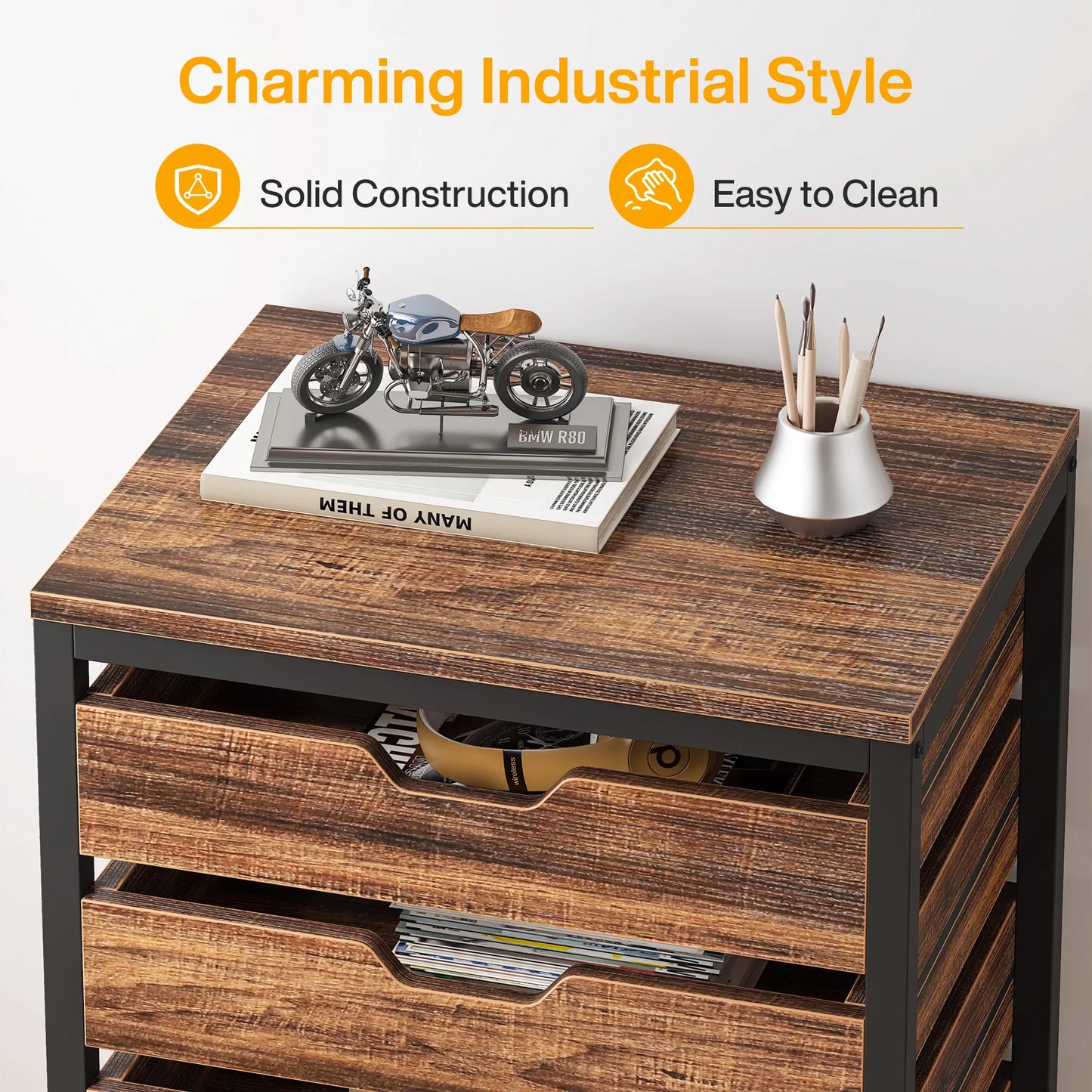 MonoWood 5-Drawer File Cabinet, Wood Mobile Storage Drawer Unit, Industrial Office Cabinet with Drawers & Wheels