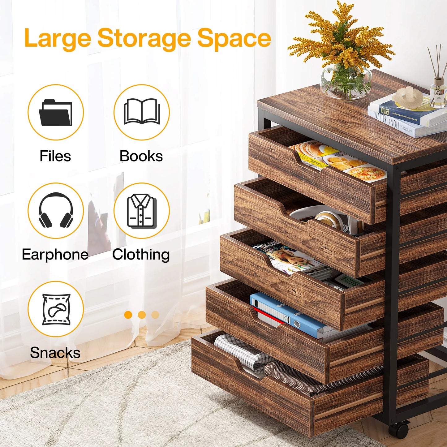 MonoWood 5-Drawer File Cabinet, Wood Mobile Storage Drawer Unit, Industrial Office Cabinet with Drawers & Wheels