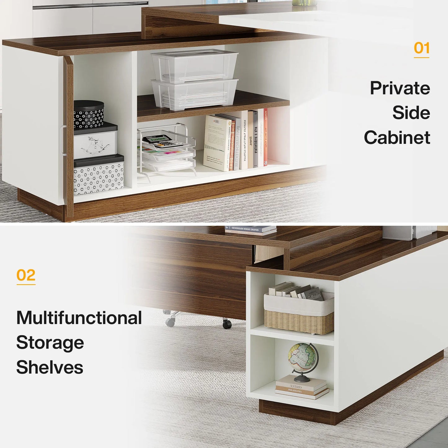 MonoWood L-Shaped Executive Office Desk, 70.5-Inch Mid-Century Modern Executive Desk with Storage Cabinet and Shelves