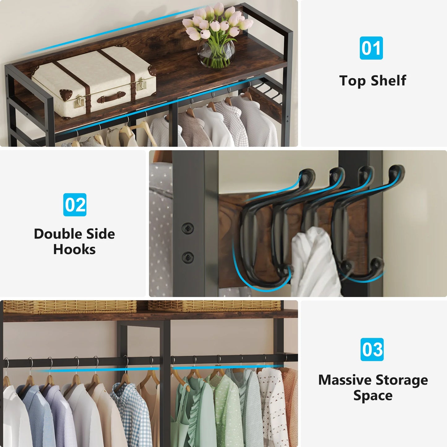 MonoWood Freestanding Closet Organizer for Hanging Clothes, Heavy Duty Garment Rack with 4 Drawers, 8 Hooks and Storage Shelve