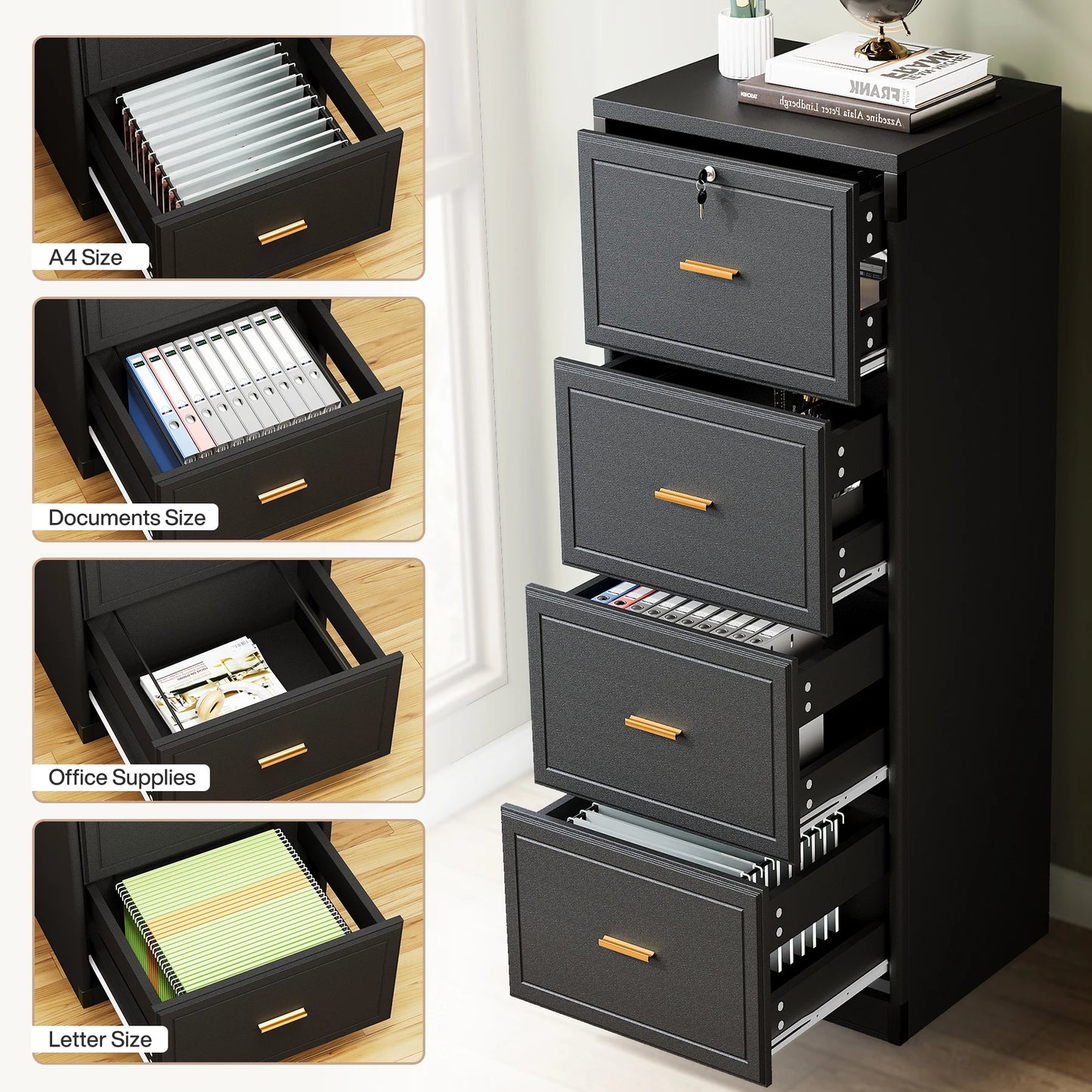 MonoWood 4-Drawer File Cabinet with Lock, Locked File Cabinet with Key, Tall Wooden Filing Cabinets for Home Office